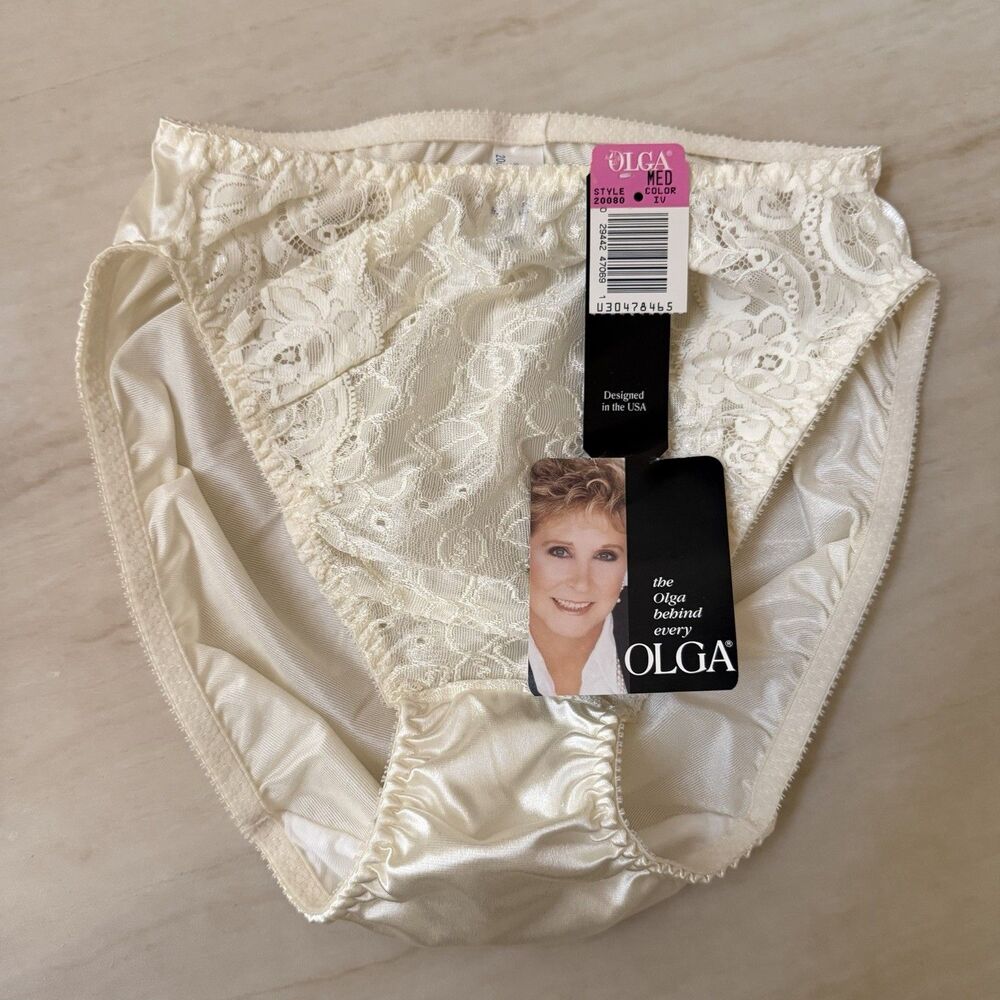 Vintage 1990s Olga 20080 Ivory Satin Lace Hi-Cut Brief Panties M NWT
